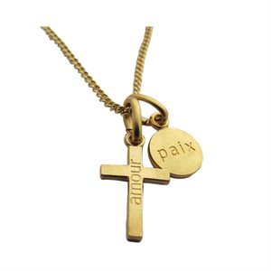 "Paix et amour" Gold. Necklace, 16mm Cross, French