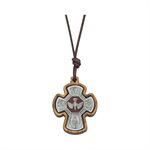 Pendentif confirmation, bois et étain, corde brune