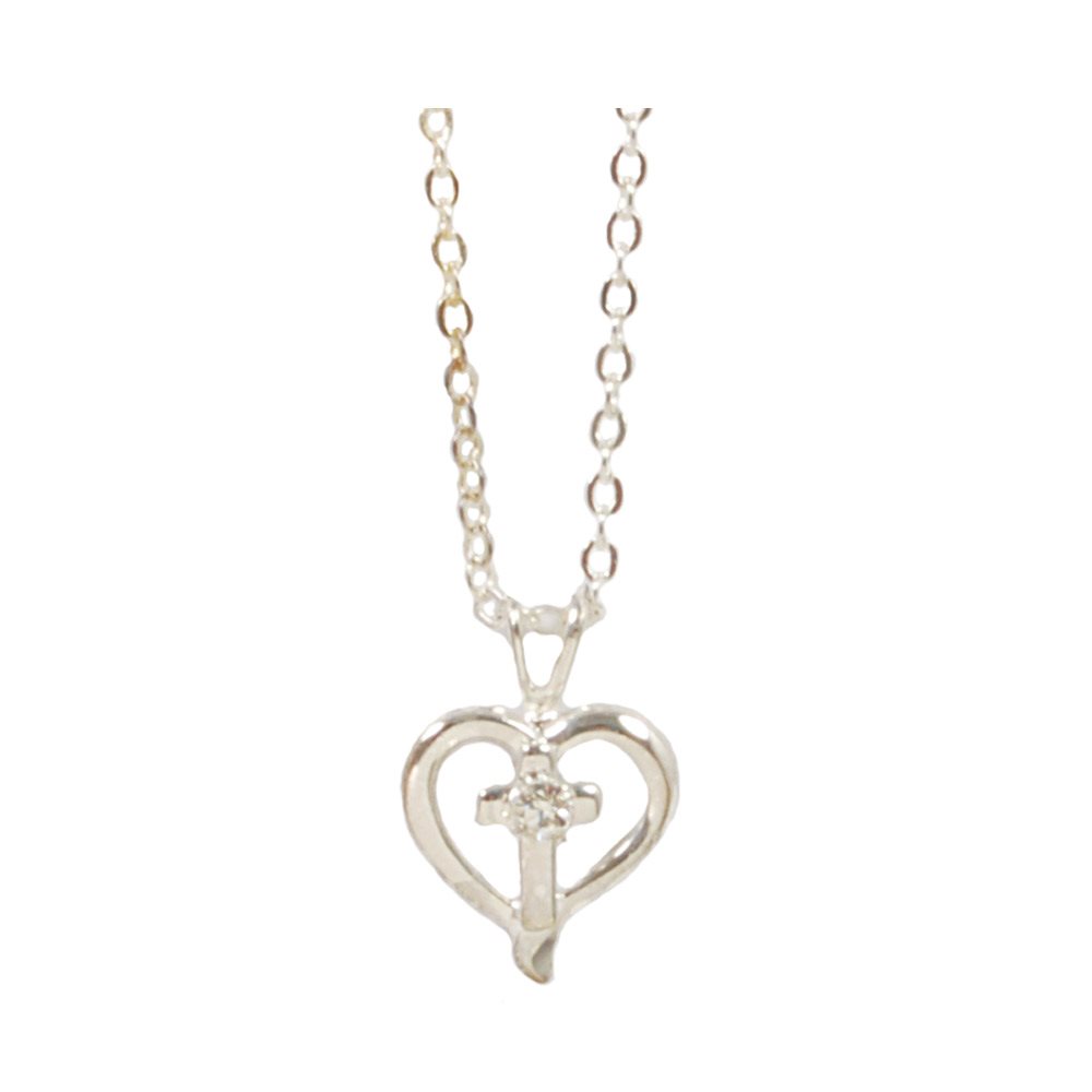 Boîte pendentif croix & coeur argenté, pierre cristal, 46 cm Boîte pendentif croix & coeur argenté, pierre cristal, 46 cm