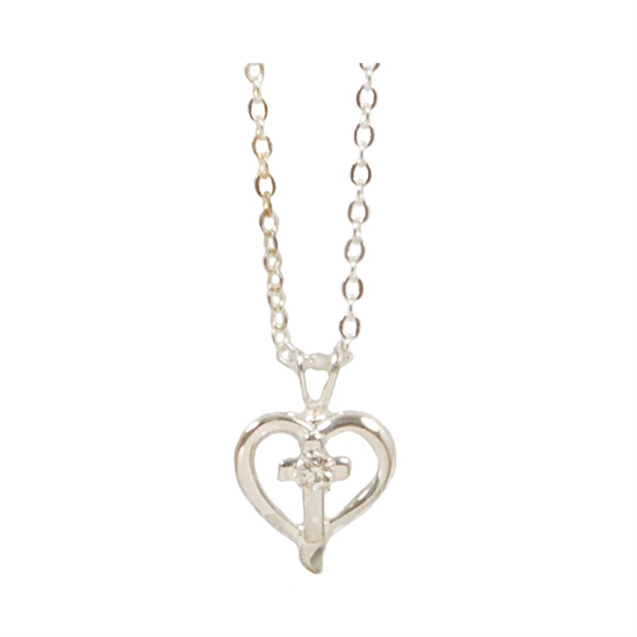 Boîte pendentif croix & coeur argenté, pierre cristal, 46 cm