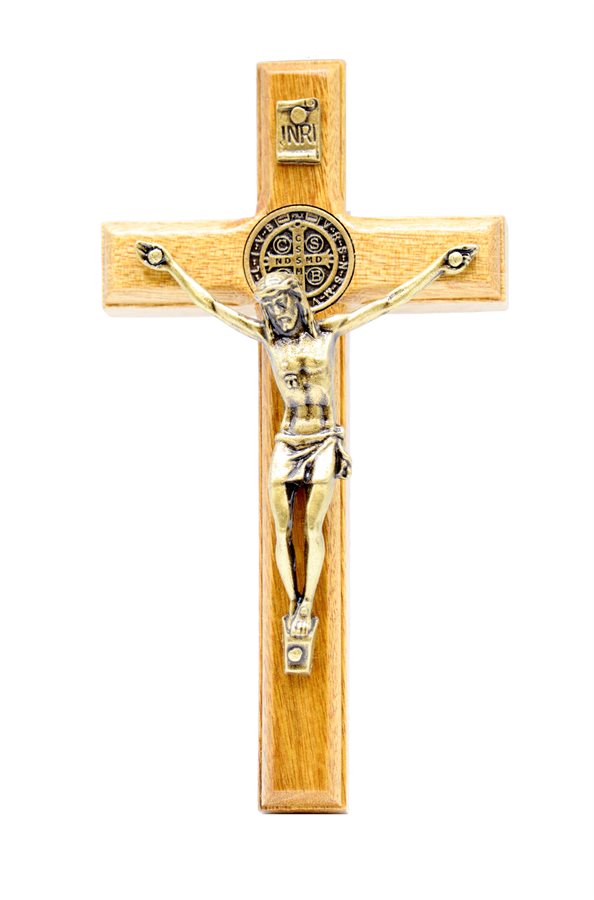 St Benedict Wood Crucifix 6,5 x 12 cm, Gold Finish Metal Cor
