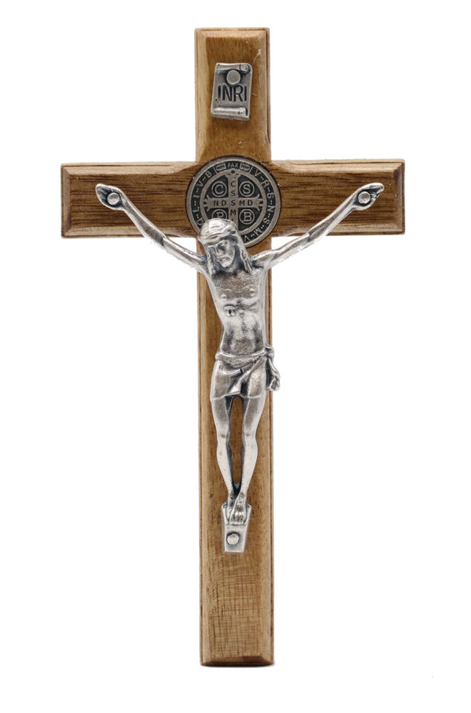 St Benedict Wood Crucifix 6,5 x 12 cm, Silver Finish Metal C