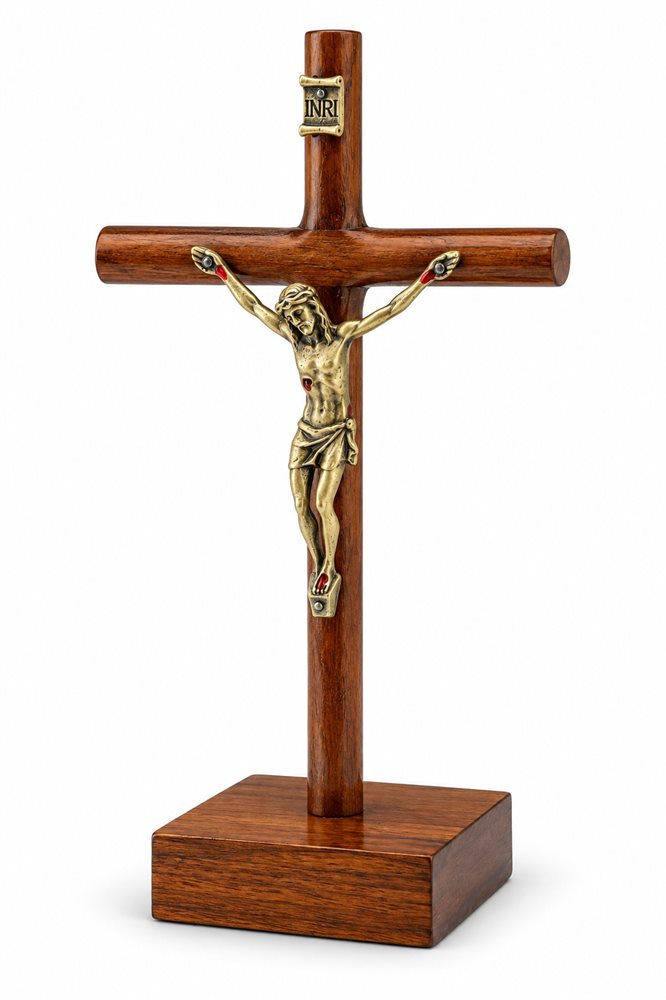 Crucifix sur base 15 cm , bois et corpus bronze antique