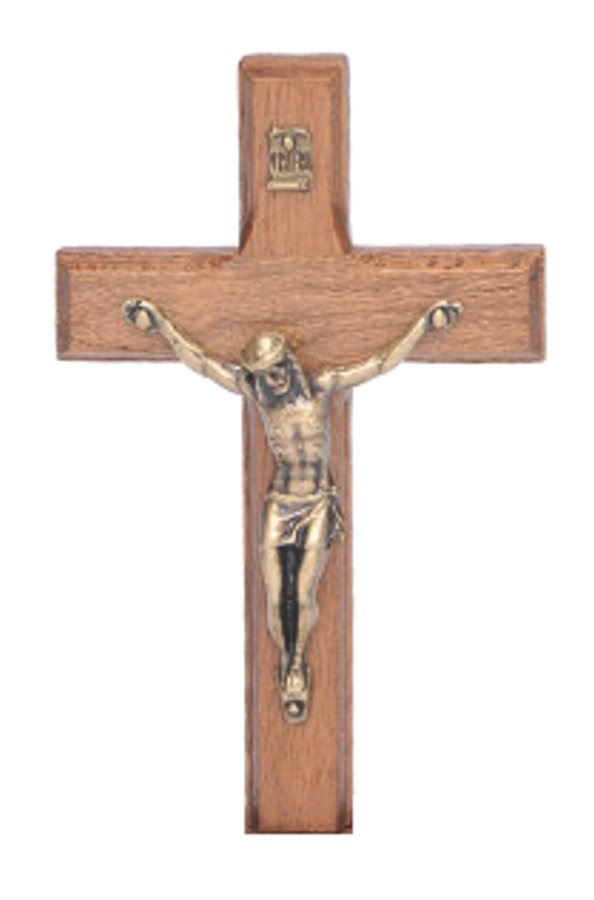 Wood Crucifix 4,5 x 7 cm, Gold Finish Metal Corpus