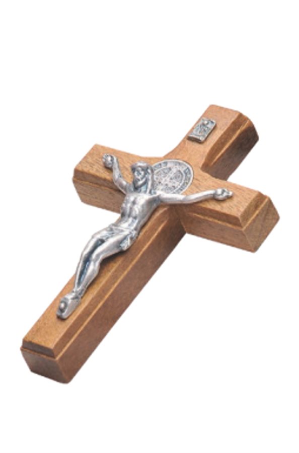 Wood Crucifix 4,5 x 7 cm, Silver Finish Metal Corpus