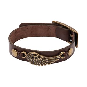 Bracelet, cuir brun, ailes d'ange