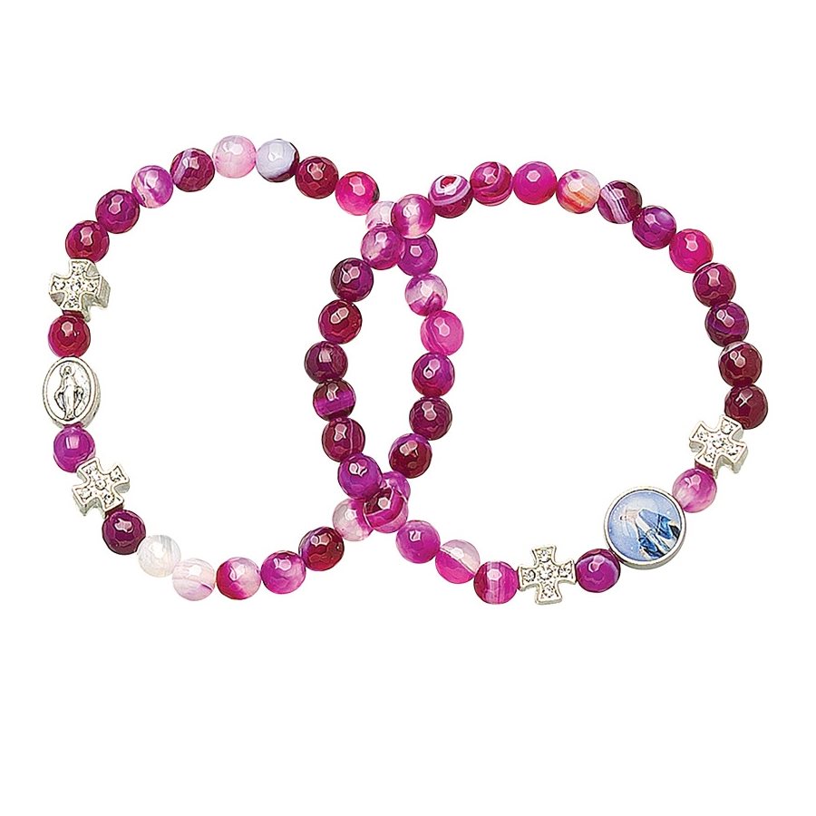 Bracelet cartes perl. d'agathe rayée, fuschia, Médaille Mir.