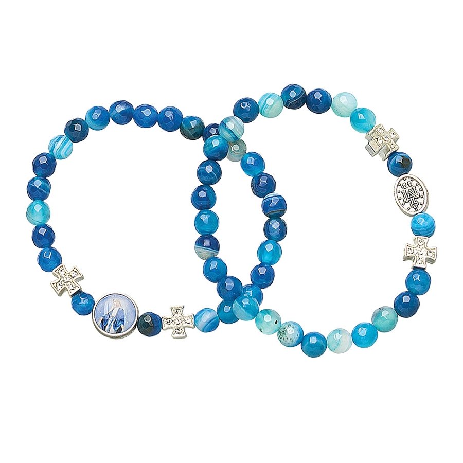 Bracelet perles d'agathe rayée, bleu, Médaille miraculeuse