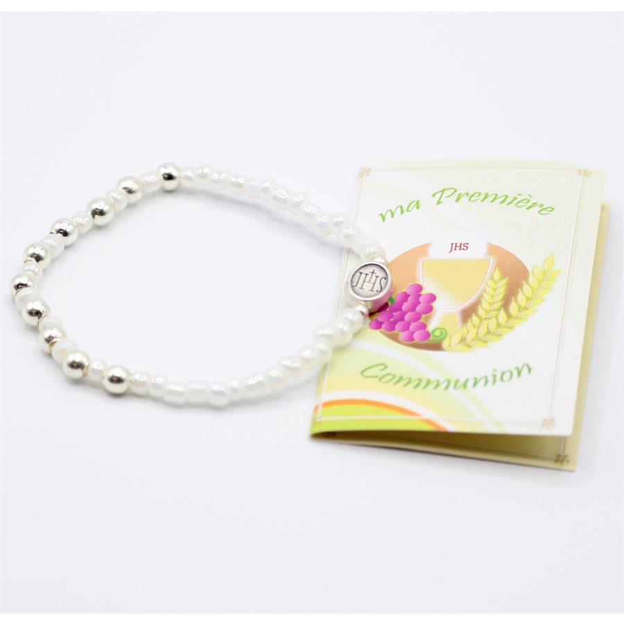 Bracelet élastique perle blanche et argent, Bilingue