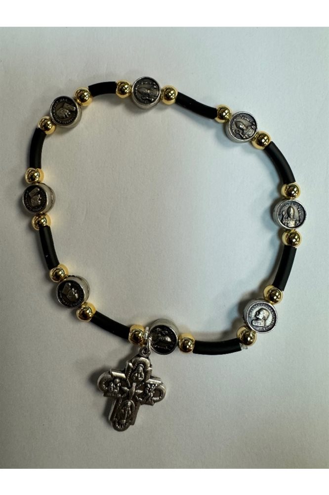 Bracelet, caoutchouc noir, croix et perles dorées