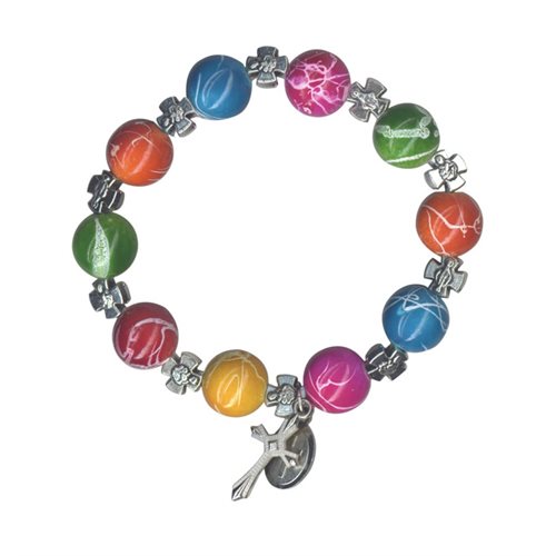 Bracelet dizainier élastique coloré & croix argent, 10 mm