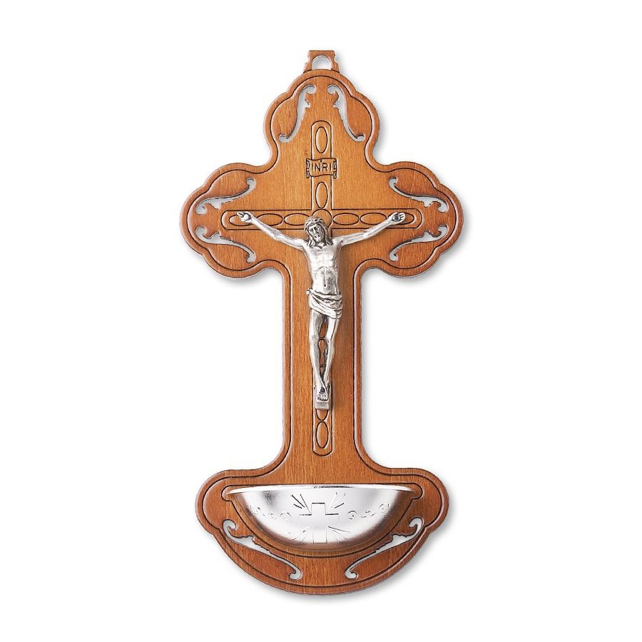 Bénitier «Crucifix», bois corpus argenté, 20 cm