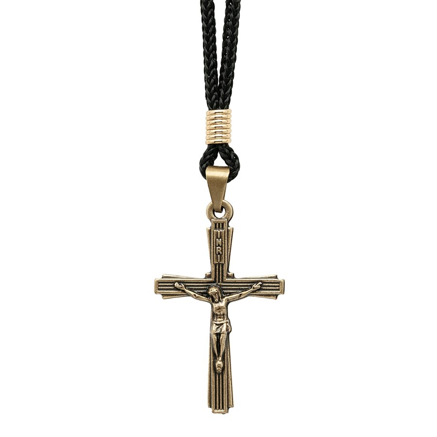 Pendentif croix 4 cm, métal doré antique, corde noir 38 cm